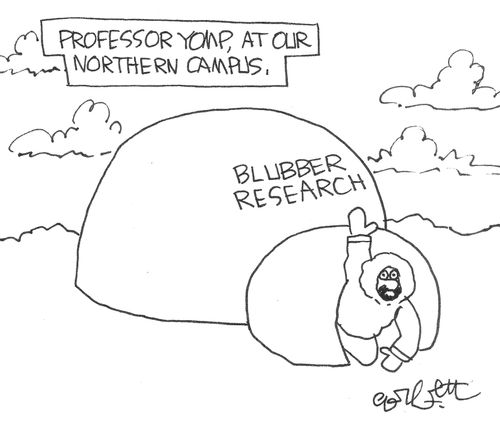 Professor Yomp at our Northern campus: Man waves from igloo doorway(Blubber research)