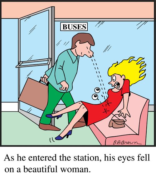 As he entered the station, his eyes fell on a beautiful woman.