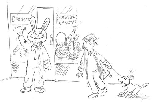 Dog frightened by Giant Bunny