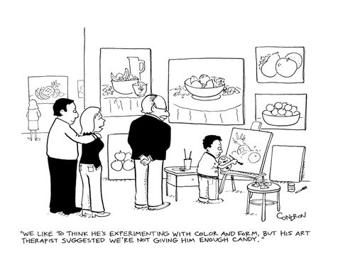 "We like to think he's experimenting with color and form, but his art therapist suggested we're not giving him enough candy."