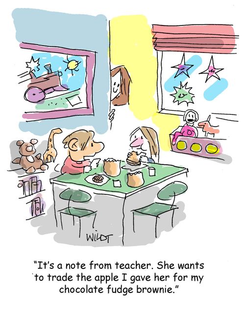 "It's a note from teacher. She wants to trade the apple I gave her for my chocolate fudge brownie."