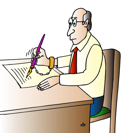 A man is chained to his pen.