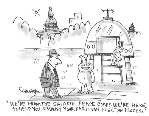 "We're from the galactic peace corps. We're here to help you simplify your partisan election process."