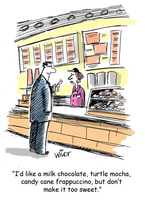 "I'd like a milk chocolate, turtle mocha, candy cane frappuccino, but don't make it too sweet."
