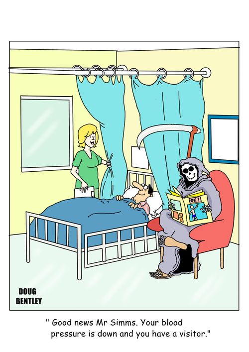 "Good news Mr Simms. Your blood pressure is down and you have a visitor."