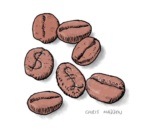 Coffee beans with currency symbols