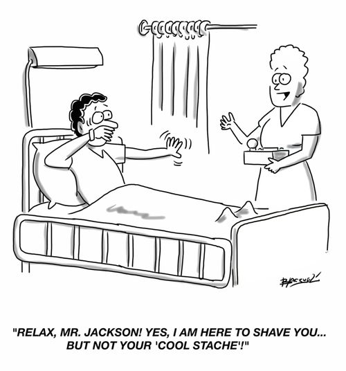 "Relax, Mr. Jackson! Yes, I am here to shave you... but not your 'cool stache'!"