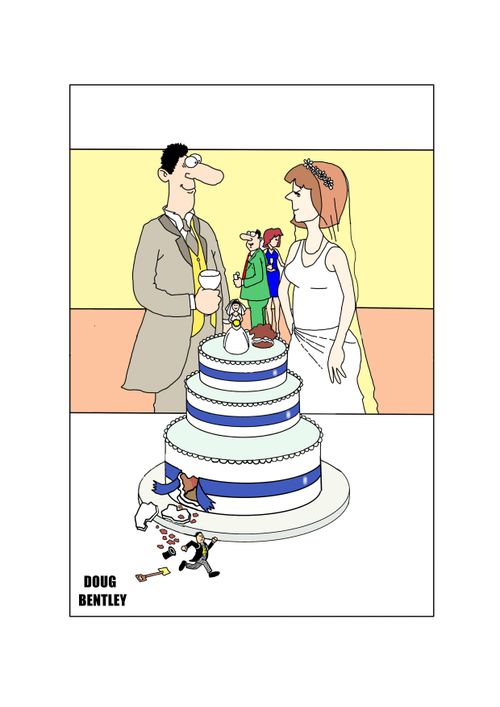 Groom decoration on wedding cake makes good his escape.