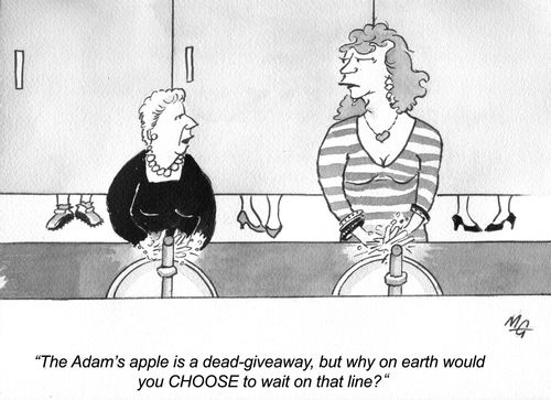 "The Adam's apple was a dead-giveaway, but I why on earth would you CHOOSE to wait on that line?"