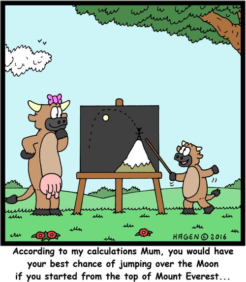 "According to my calculations Mum, you would have your best chance of jumping over the Moon if you started from the top of Mount Everest..."