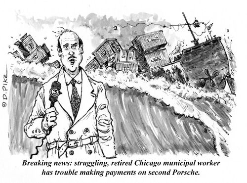 "Breaking news: struggling, retired Chicago municipal worker has trouble making payments on second Porsche."