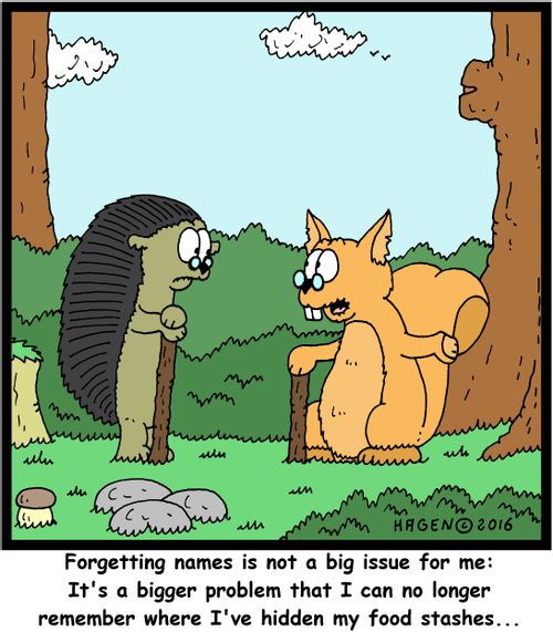 "Forgetting names is not a big issue for me: It's a bigger problem that I can no longer remember where I've hidden my food stashes..."