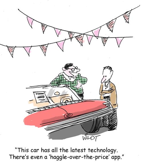 "This car has all the latest technology. There's even a 'haggle-over-the-price' app."