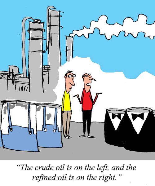 "The crude oil is on the left, and the refined oil is on the right."