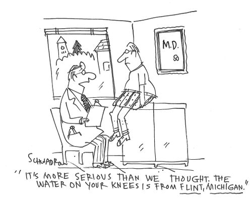 "It's more serious than we thought. The water on your knees is from Flint, Michigan."