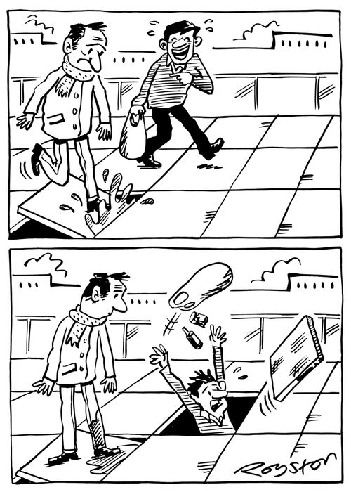 Pedestrian laughs as man splashes legs on wobbly paving slab then suffers worse fate.