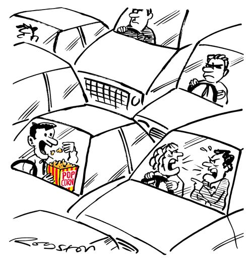 Man in traffic jam watches couple row while eating popcorn.