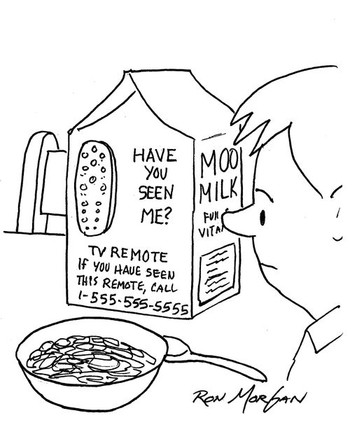 Boy sees picture of missing remote on milk cartoon.