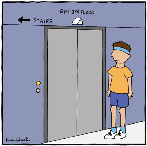 Taking the elevator instead of the stairs.