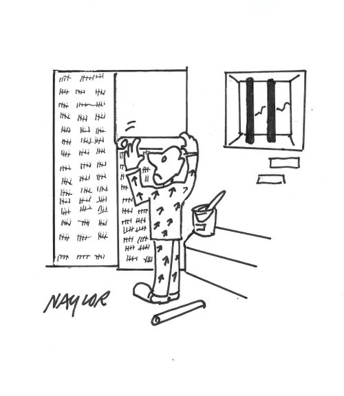 Prisoner wallpapering over his tally of days in prison.