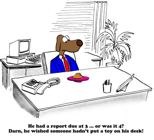 He had a report due at 3...or was it 4? Darn, he wished someone hadn't put a toy on his desk!