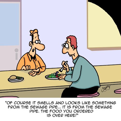 "Of course it smells and looks like something from the sewage pipe....it is from the sewage pipe. The food you ordered is over here!"
