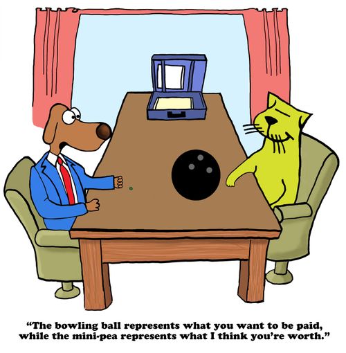 "The bowling ball represents what you want to be paid, while the mini-pea represents what I think you're worth."