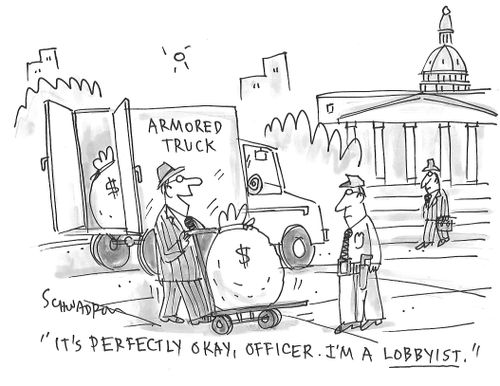 "It's perfectly okay, officer. I'm a lobbyist!"
