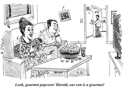 "Look, gourmet popcorn! Harold, our son is a gourmet!"
