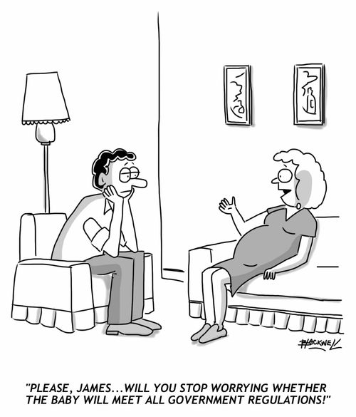 "Please, James...will you stop worrying whether the baby will meet all government regulations!"