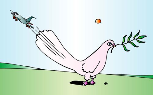 Bomber using the tail of the dove of peace as a launch pad.