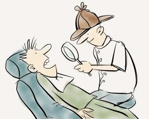 Dentist as Sherlock Holmes investigating a patient's mouth