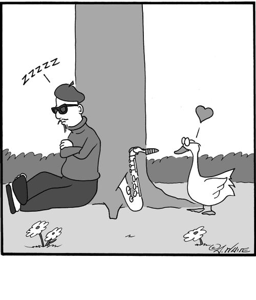 Near-sighted goose falls in love with saxophone.