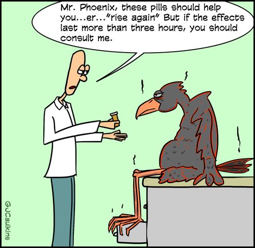 "Mr. Phoenix, these pills should help you...er...'rise again' but if the effects last more than three hours, you should consult me."