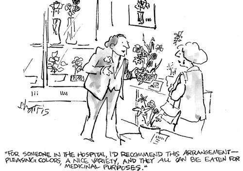 "For someone in the hospital, I'd recommend this arrangement -pleasant colors, a nice variety, and they all can be eaten for medicinal purposes."