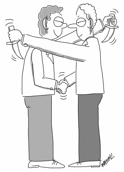Stab-in-the-back handshake.