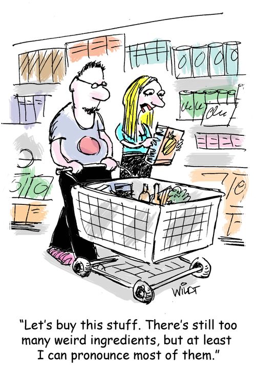 "Let's buy this stuff. There's still too many weird ingredients, but at least I can pronounce most of them."