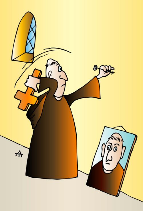 Monk using a crucifix for a hammer.
