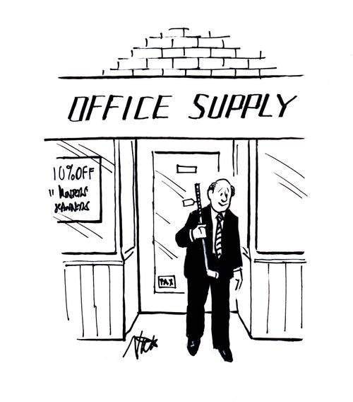 Office Supply - Man leaves with golf clubs.