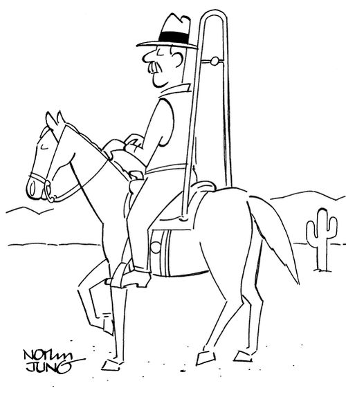 Horse rider has equipped his saddle with a roll bar.