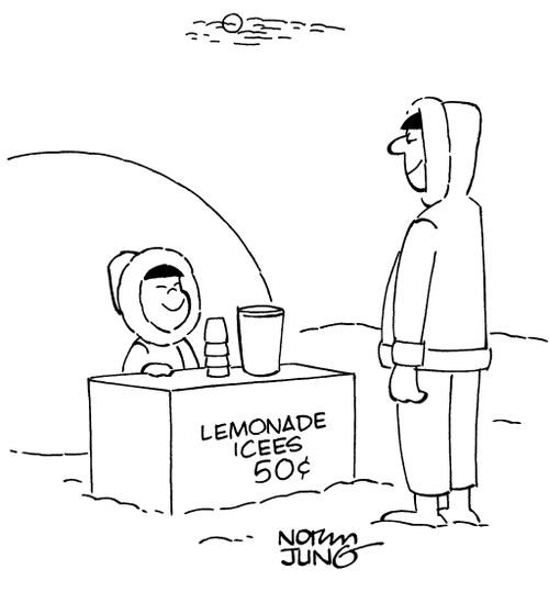 Eskimo child sells lemonade icees in the arctic north.