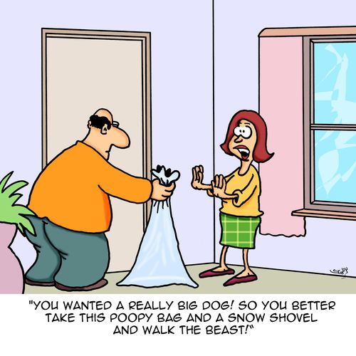 "You wanted a really big dog! So you better take this poopy bag and a snow shovel and walk the beast!"