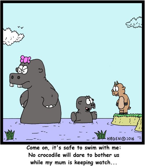 "Come on, it's safe to swim with me: No crocodile will dare to bother us while my mum is keeping watch..."