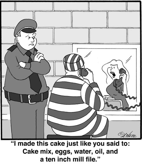 "I made this cake just like you said to: Cake mix, eggs, water, oil, and a ten inch mill file."