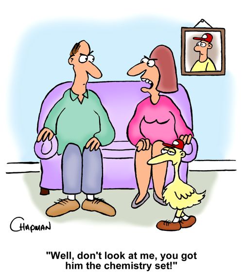 "Well, don't look at me, you got him the chemistry set!"