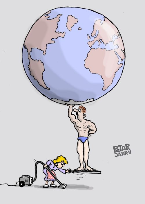 Cleaner lifts Atlas holding the world to clean underneath.