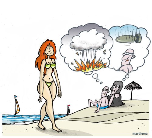 A wife is jealous of her husband's wandering eye.