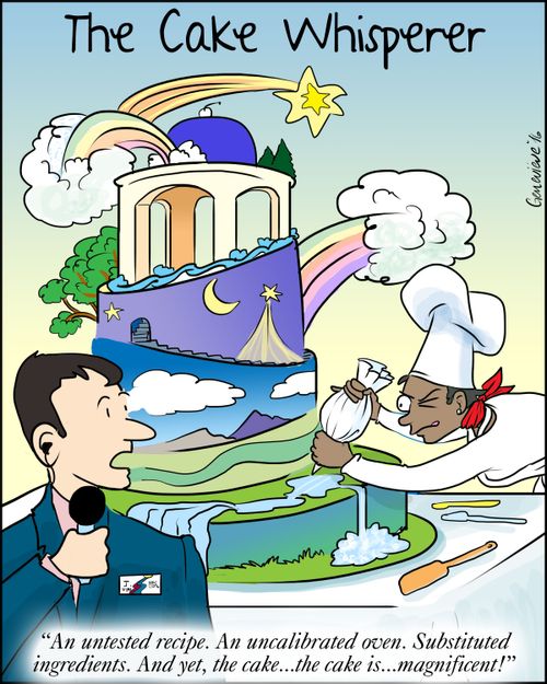 "An untested recipe. An uncalibrated oven. Substituted ingredients.  And yet, the cake...the cake is...magnificent!"