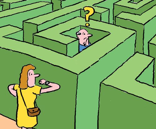 Man lost in a maze while his wife waits outside