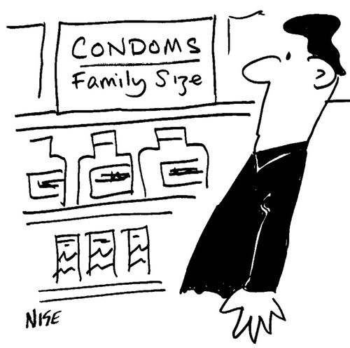 Man looking at a pack of condoms on a shop shelf that has the label, "Family Size".